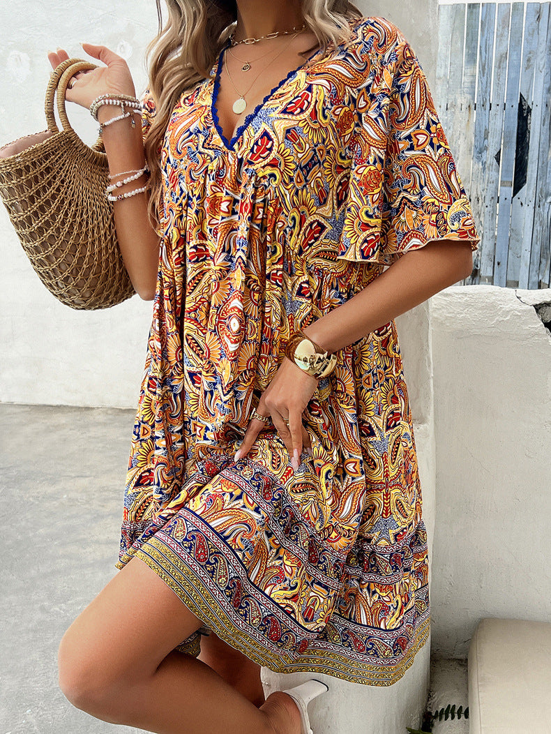 Retro Printed V-Neck Vacation Dress