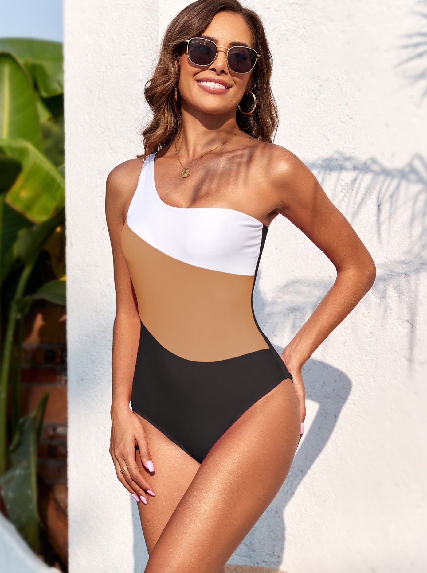 Tri-Colored Colorblock One Shoulder Swimsuit