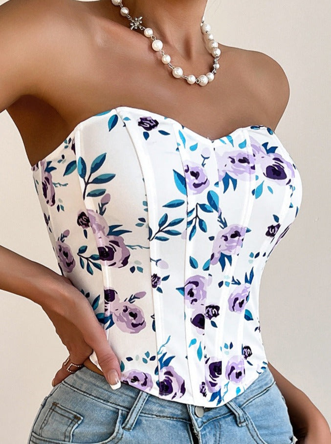 Sexy Low-Cut Purple Flower Wrapped Chest Fishbone Waist Top