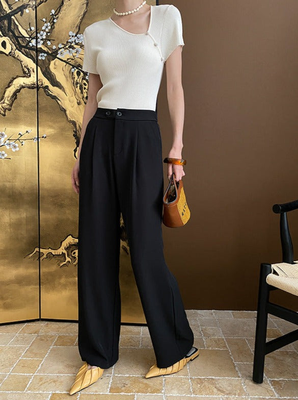 Black Casual High Waist Wide Leg Pants