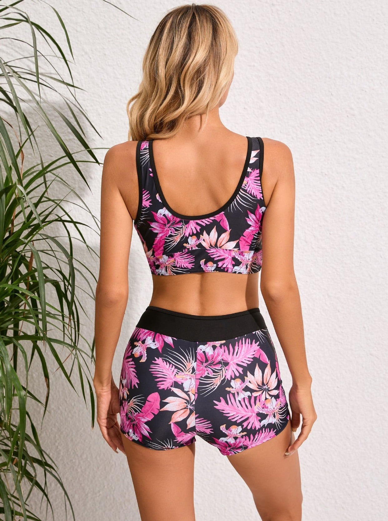 Tropical Printed Two Piece High Waist Conservative Swimsuit