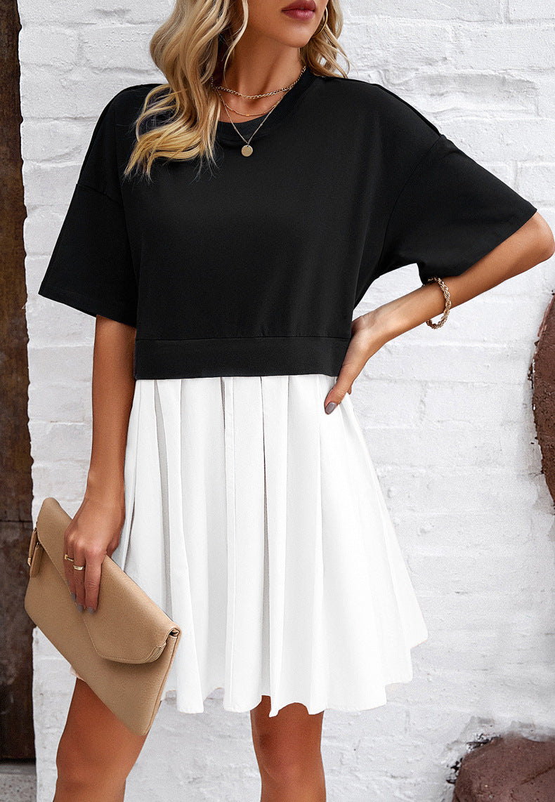 Round Neck Short Sleeve Pleated Dress