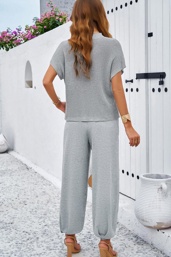 Round Neck Short Sleeve Top and Pants Set