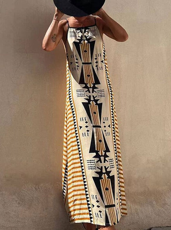 Egyptian Printed Sleeveless Long Summer Dress