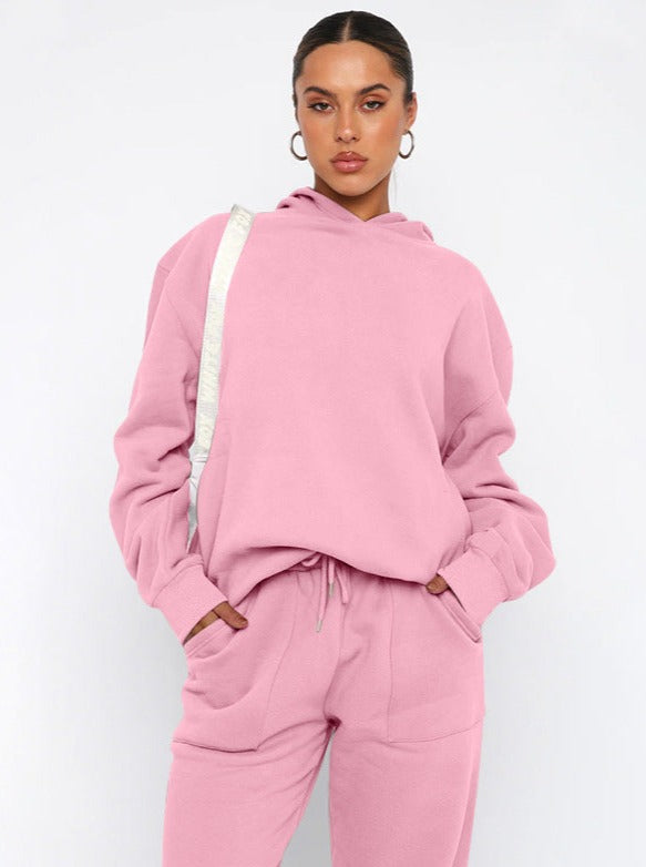 Casual Pink Hooded Long Sleeve Sweater and Trousers Set