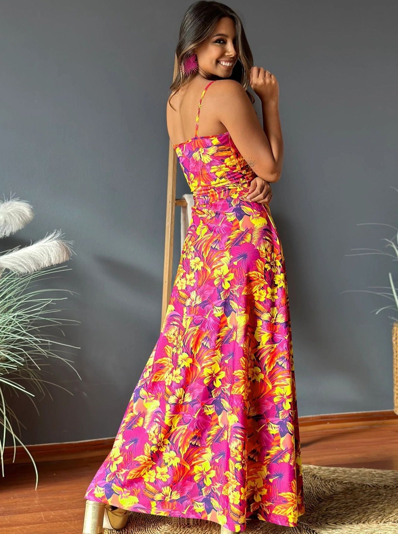 Elegant V-hals trykt snoet chik lang A-line kjole 