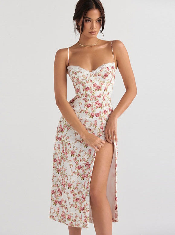 Sexy Slim Floral Slit Suspender Dress