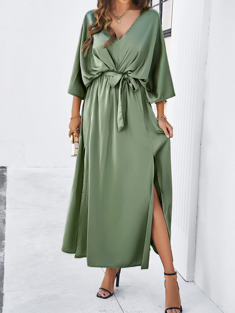 Green Elegant V-Neck Temperament Loose Dress