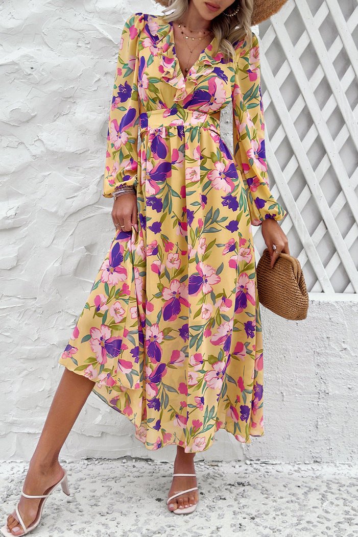 Long Sleeve Deep V-Neck Floral Maxi Dress