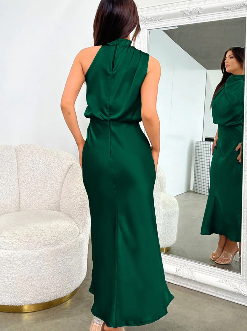 Elegant Deep Green Halter Neck Dress