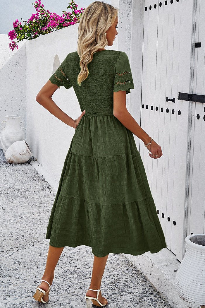 Casual Solid Crochet Lace Sleeve A-Line Midi Dress