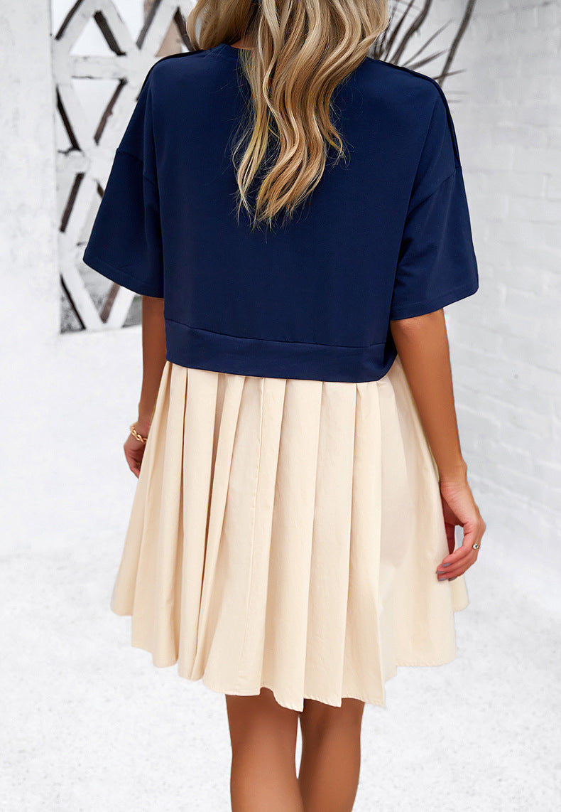 Round Neck Short Sleeve Pleated Dress