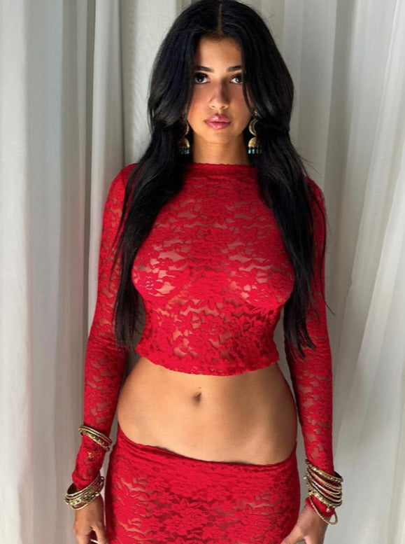 Lava Red Sexy See Through Long Sleeve Crop Top and Skirt Set
