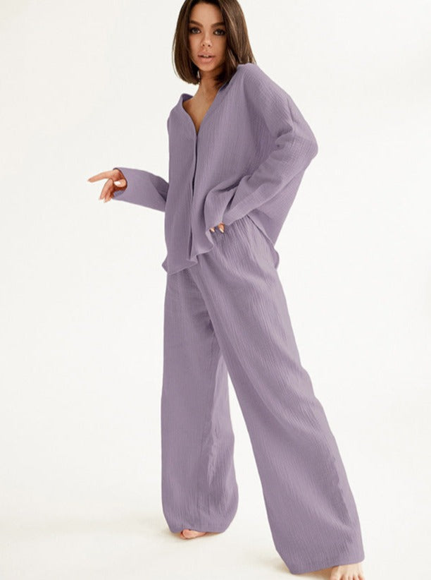 Solid Color V-Neck Long-Sleeves Loose Pants Set