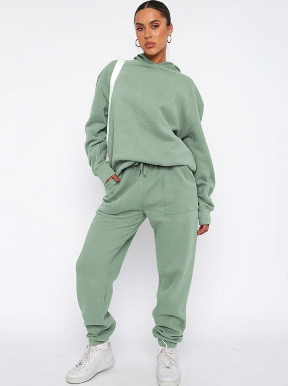 Casual grøn hætte langærmet sweater og bukser sæt 