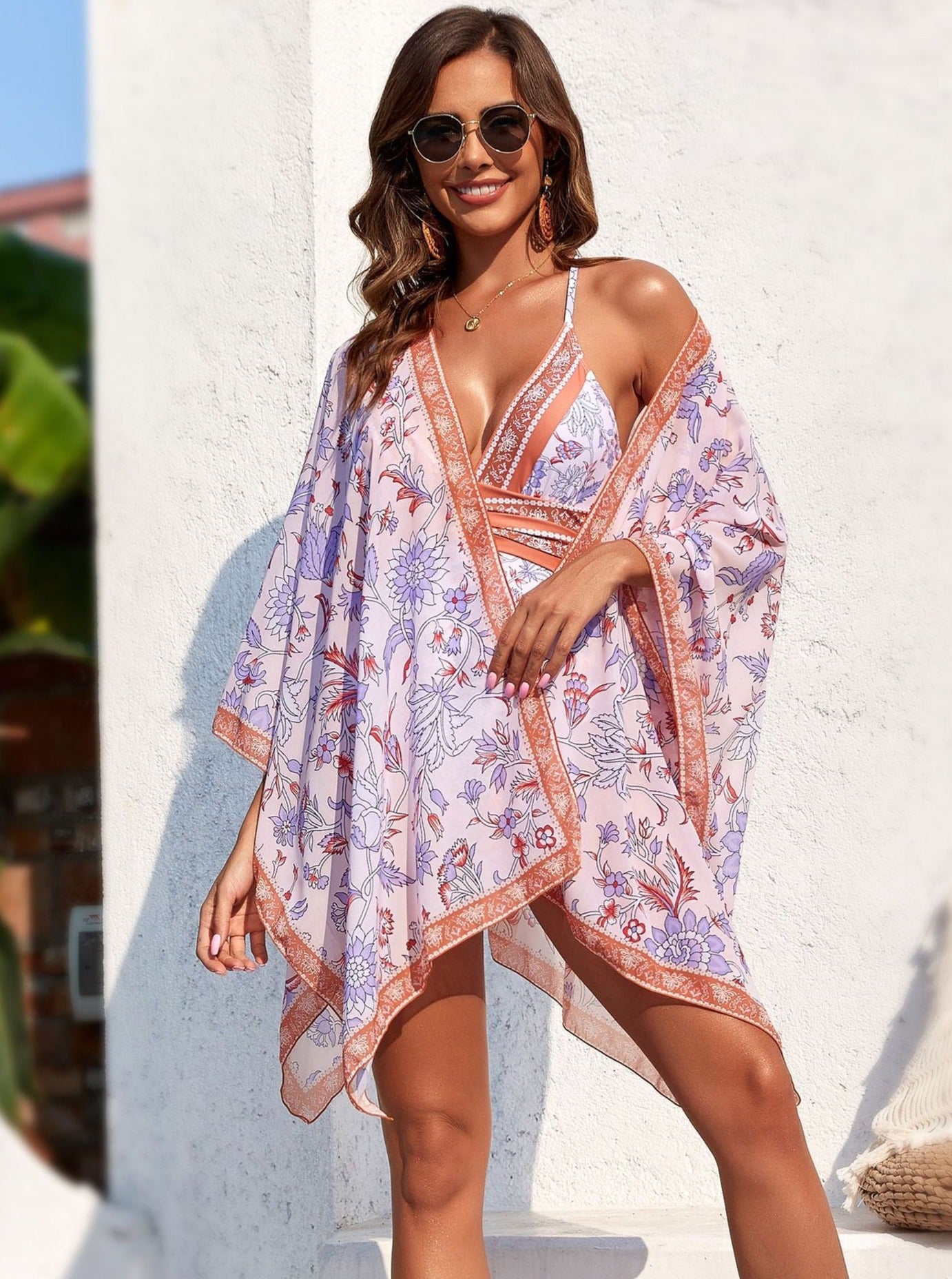 Floral Accent Backless Swimsuit and Cover-Up