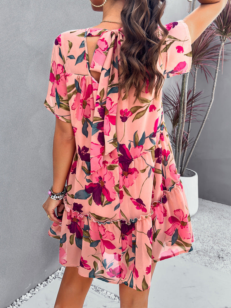 Pink Leisure Vacation Printed Short-Sleeved Dress