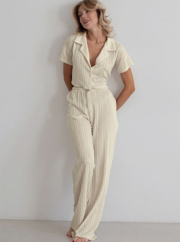 Two Piece Knitted Cardigan Short Sleeve Wide Leg Pants Set