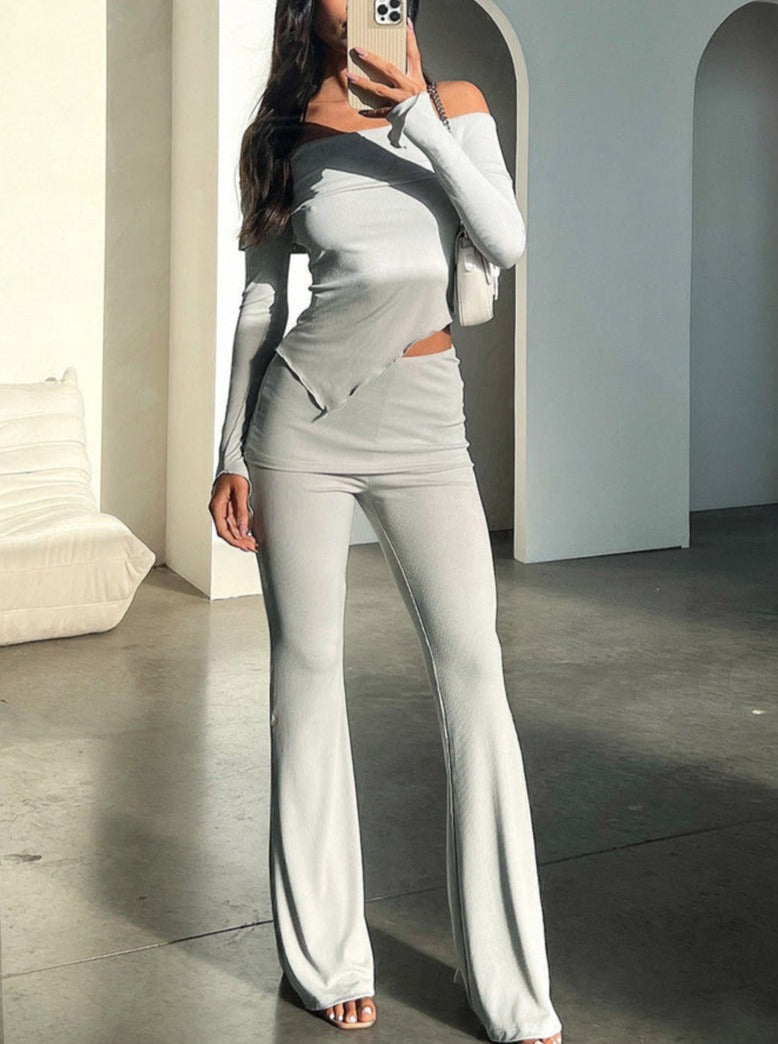 Gray Off Shoulder Asymmetrical Top and Pants Set