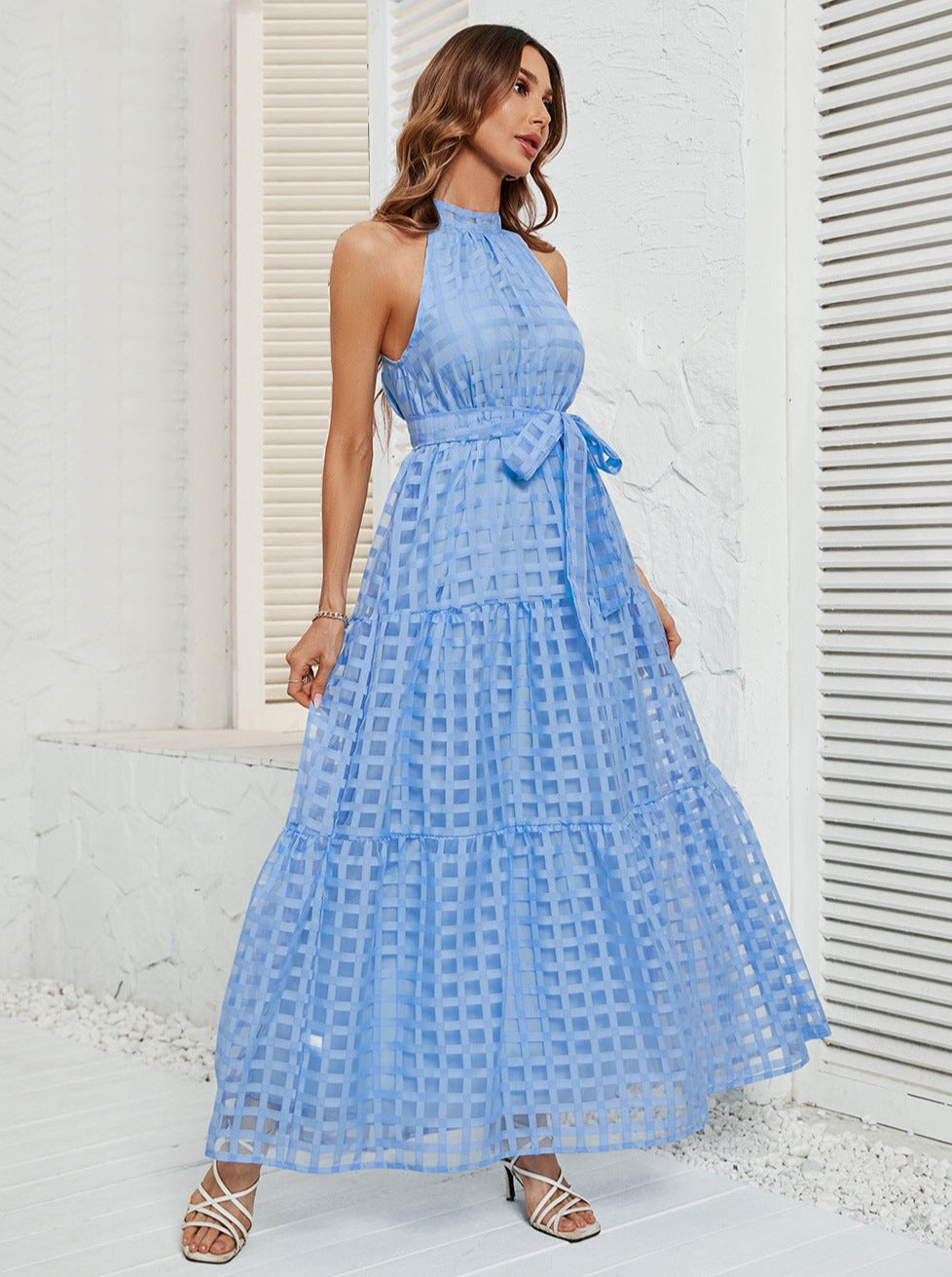 Blue Halter Mesh Belted Maxi Dress