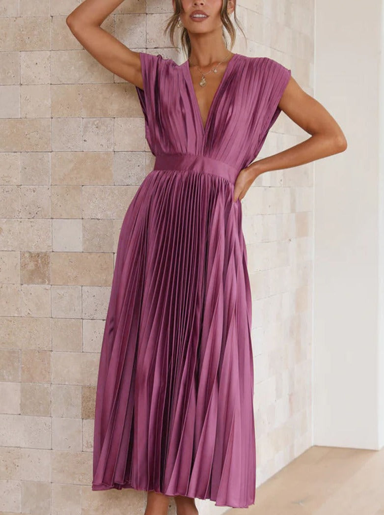 Purple Casual V-Neck Pleated Dress