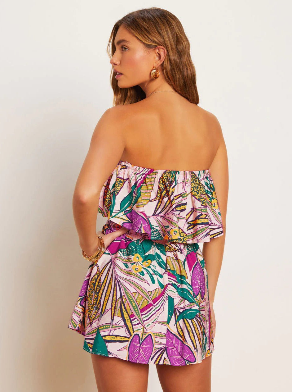 Purple Strapless Tropical Printed Tube Top Dress