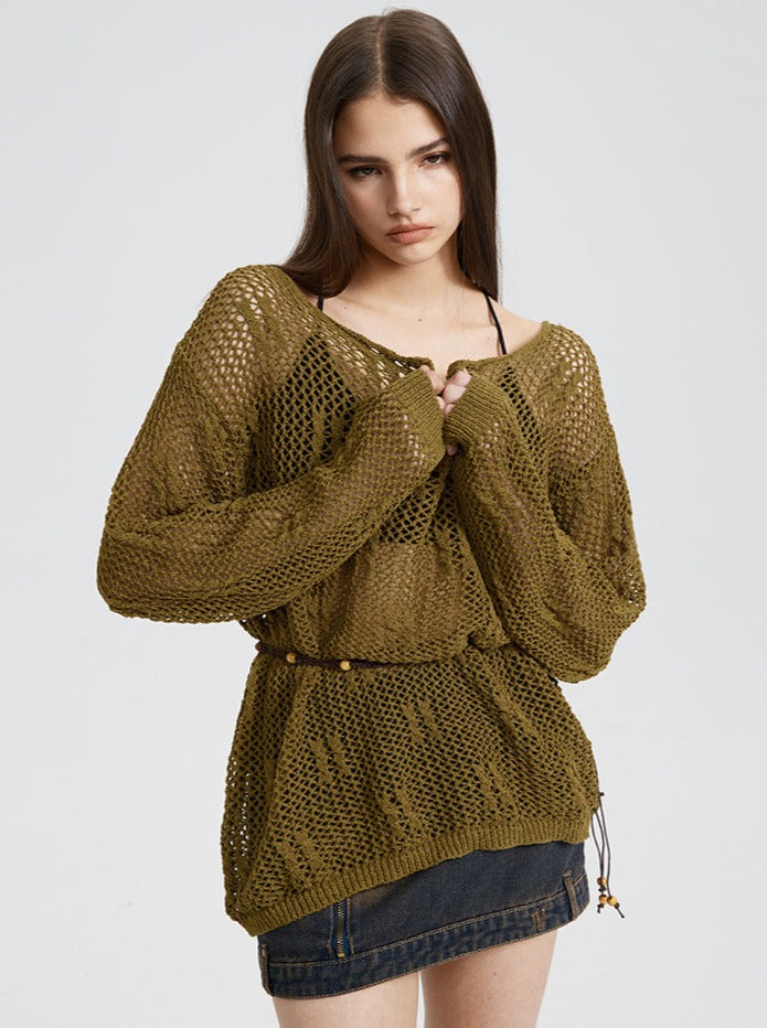 Sexy Bohemian Long-Sleeve Notch Neck Knitted Sweater with String Belt