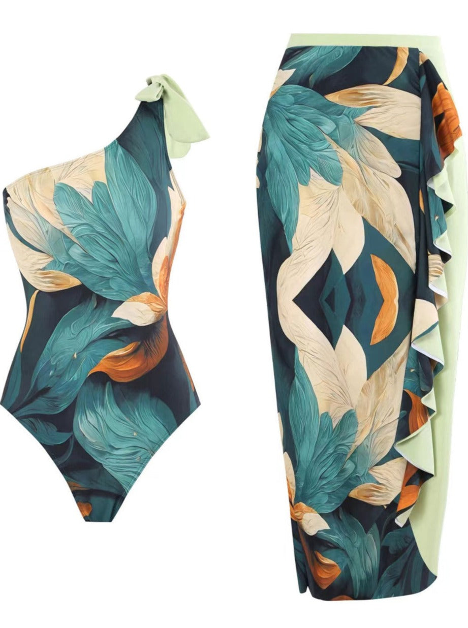 Tropical Printed One Shoulder Swimsuit and Skirt Set