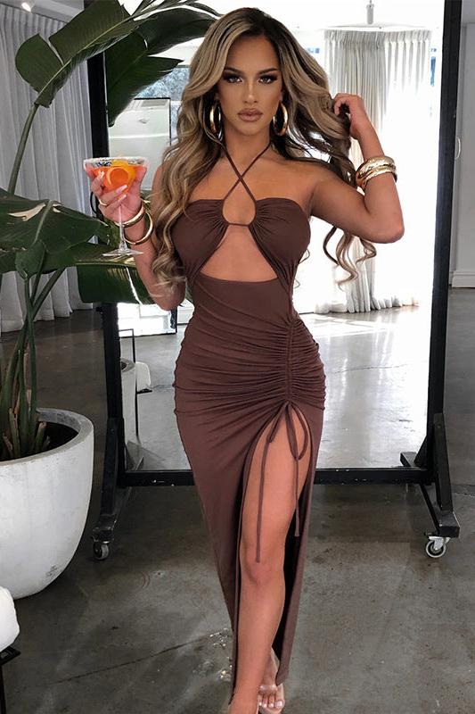 Sexy Cutout Halter Neck High Slit Long Dress