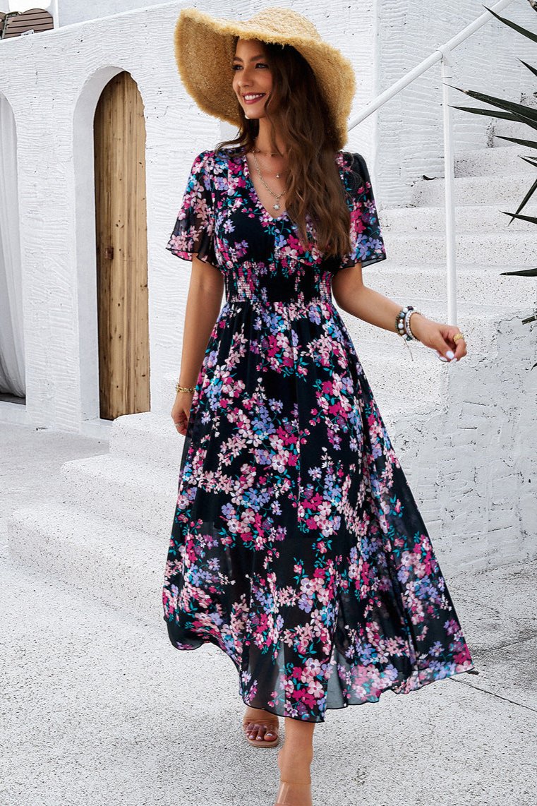 Elegant V-Neck Floral A-Line Midi Dress