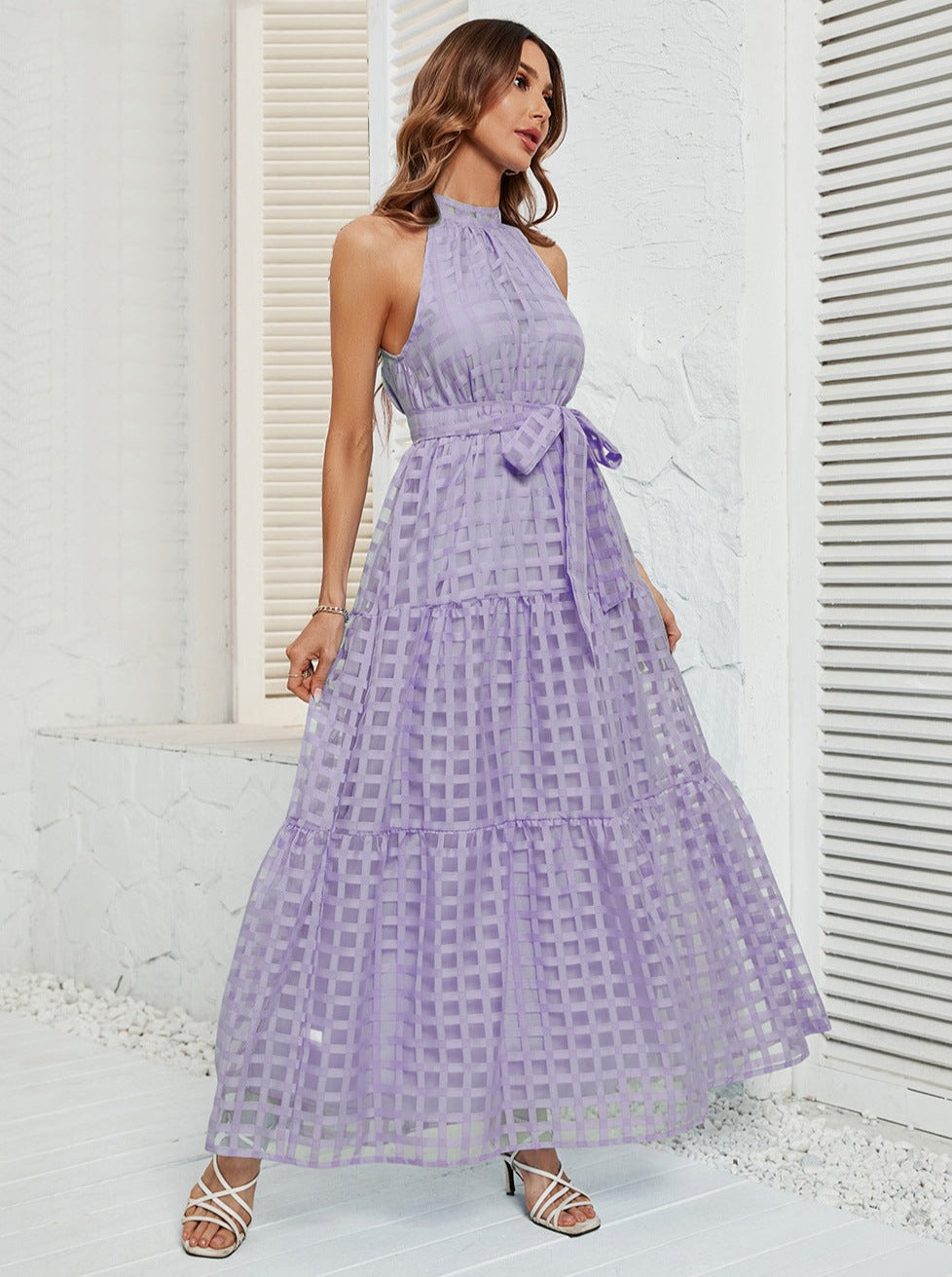 Purple Halter Mesh Belted Maxi Dress