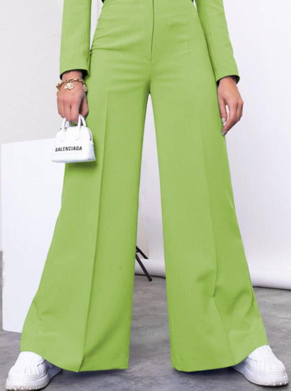 Green Long Sleeve Collared Top and Loose Pants Set
