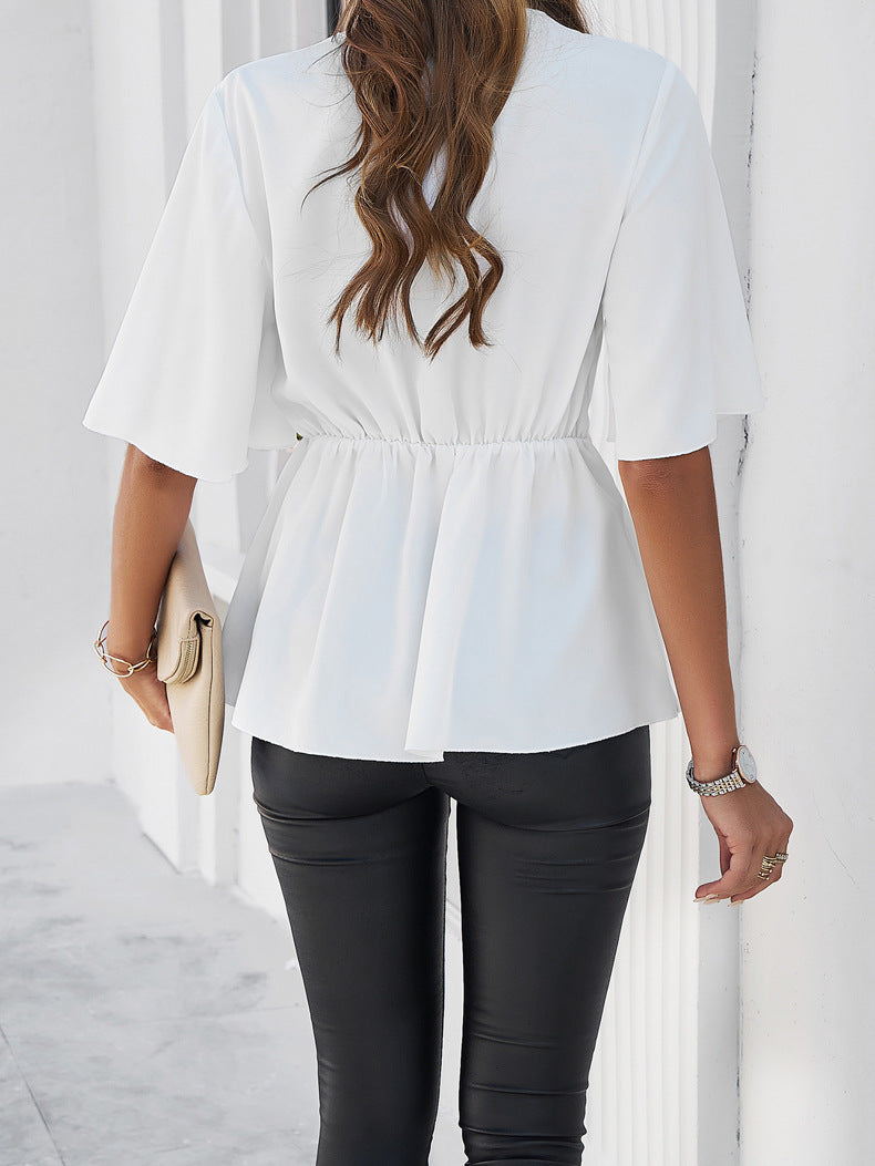 Plain V-Neck Ribbon Tie Blouse