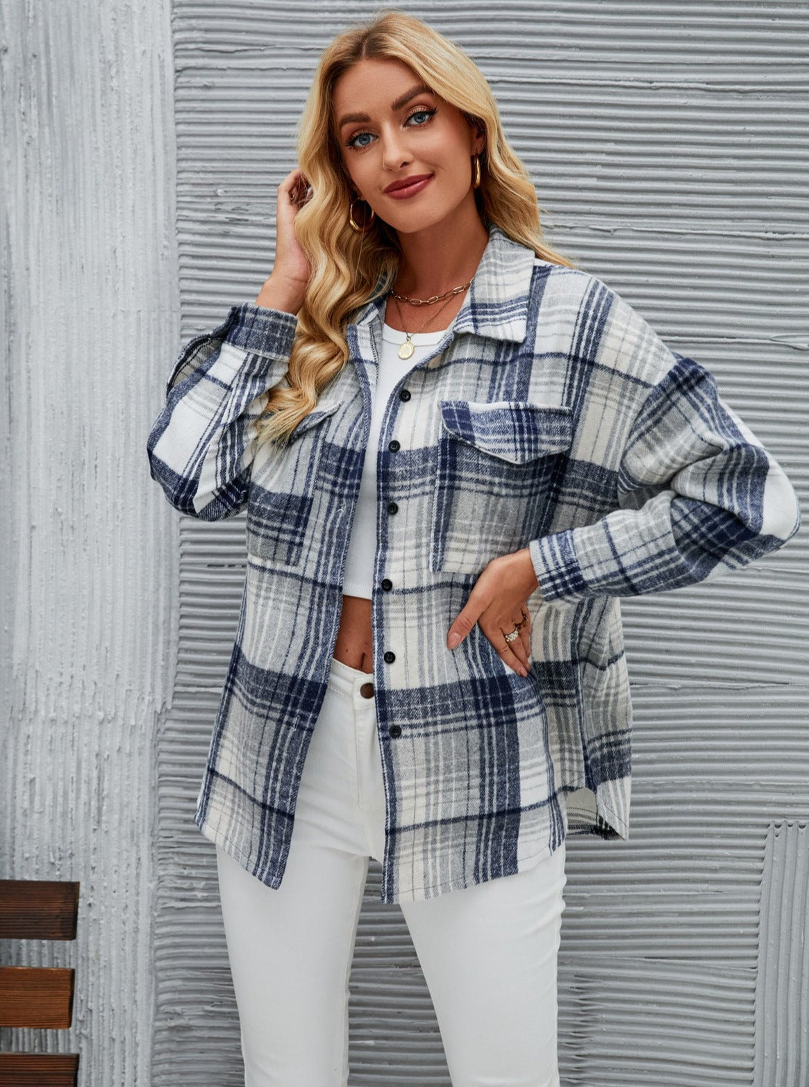 Gray Plaid Button Up Classic Long Sleeve Cardigan