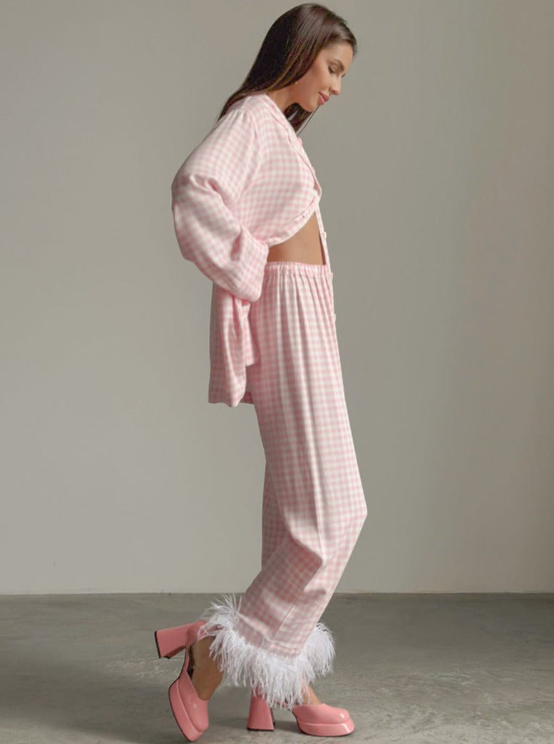Pink Plaid Loungewear Langærmet nattøj i to dele 