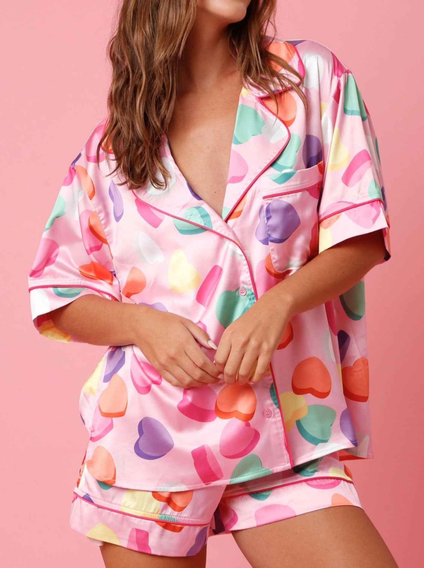 Pink Heart Two Piece Satin Button Down Women's Pajama Set