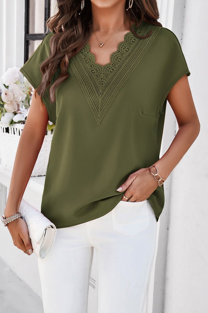 Elegant V-Neck Lace Short Sleeve Shirt