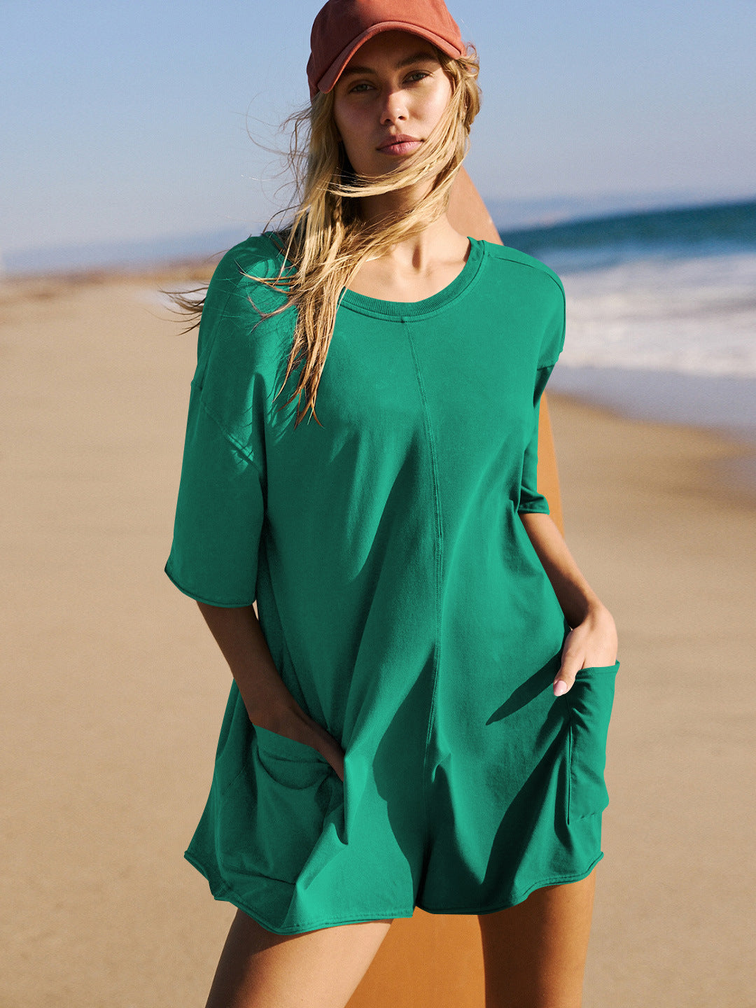 Green Short Sleeve Pocketed Backless Rompers