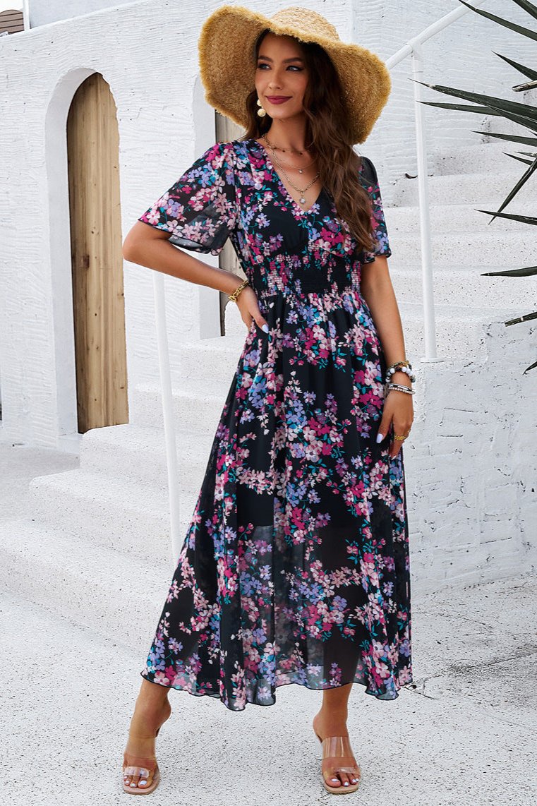 Elegant V-Neck Floral A-Line Midi Dress