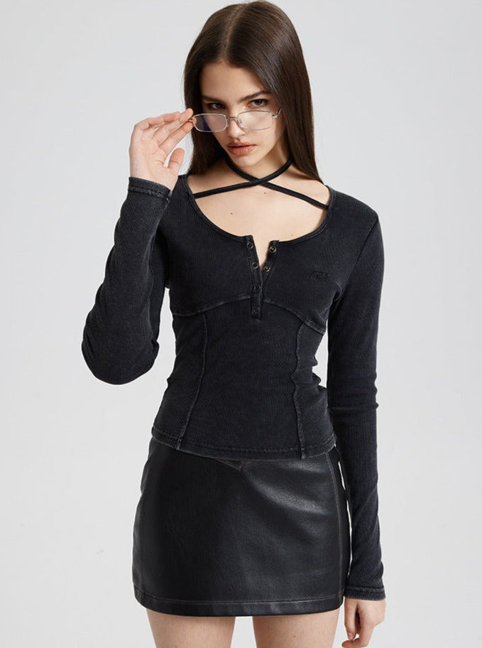 Embroidered Strap Long-Sleeved Low-Neckline Top