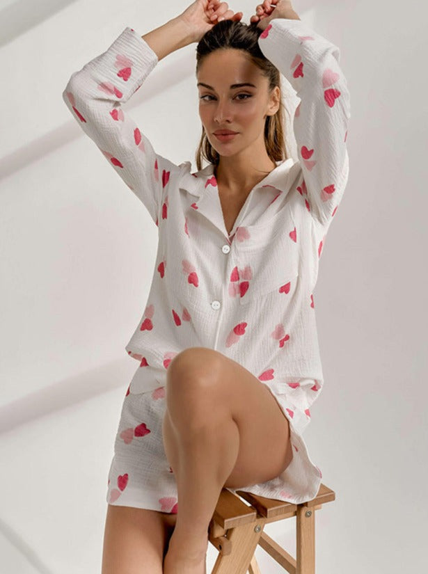 Two Piece Heart Print Long Sleeve Suit