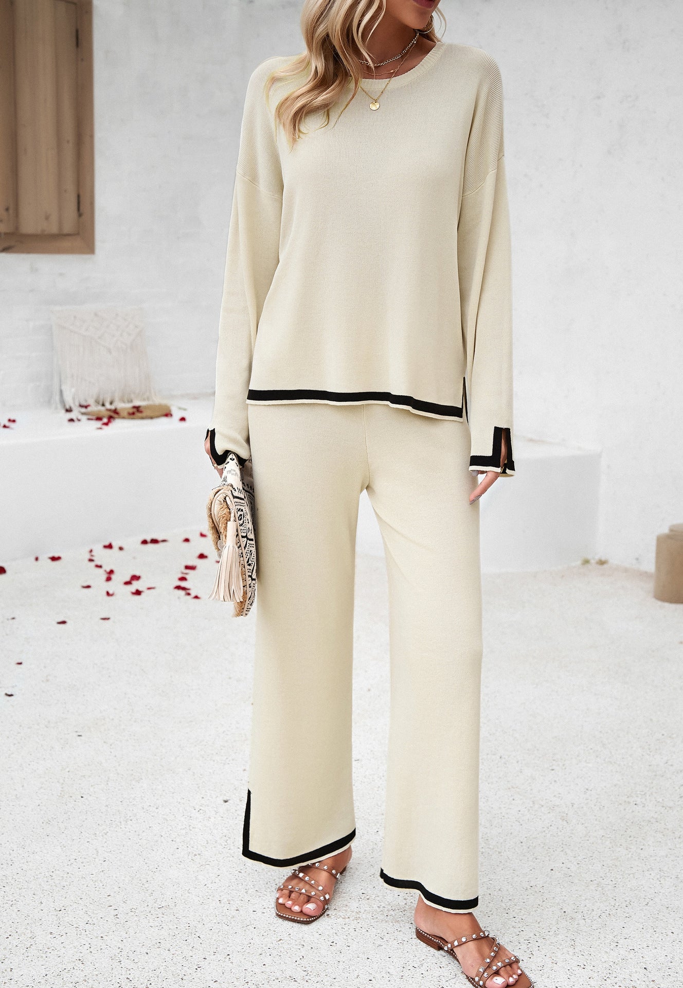 Knitted Solid Color Long-Sleeve and Small Slit Long Pants Suit