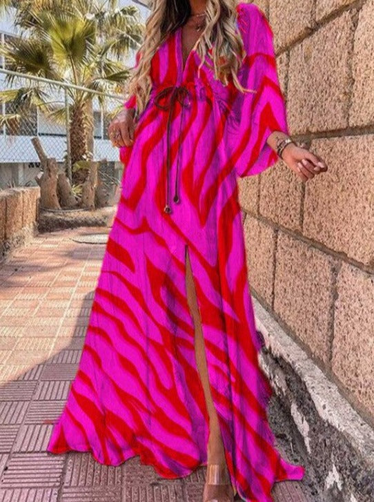 Rose Zebra Printed V-Neck Lace-up Long Dress