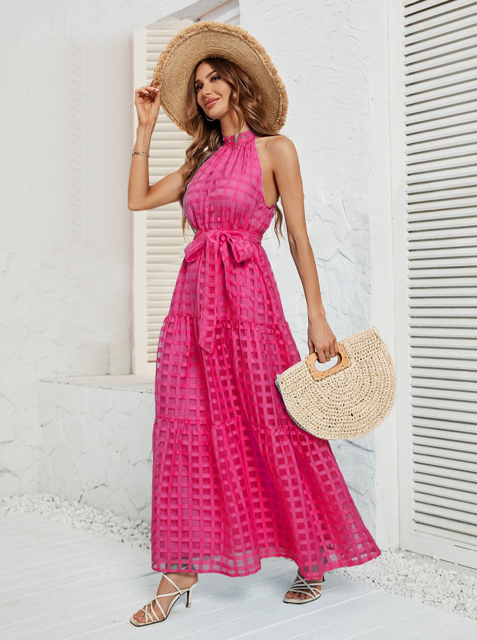 Pink Halter Mesh Belted Maxi Dress