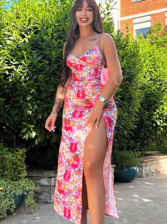 Sexy Floral Printed Revealing Slit Sundress