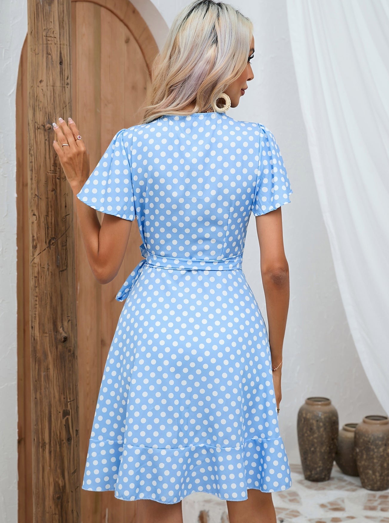 Blue Polka Dot V-Neck Short Sleeve Lace-Up Mini Dress