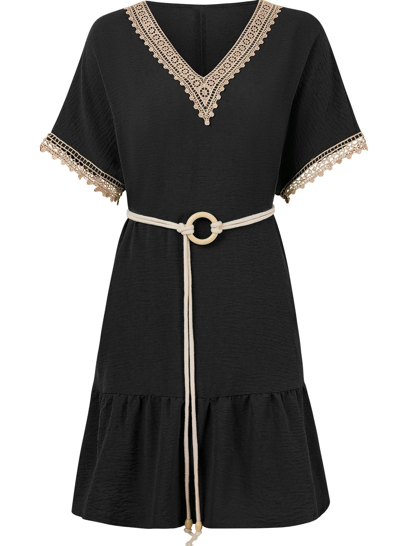 Elegant V-Neck Lace Belt Waist Mini Dress