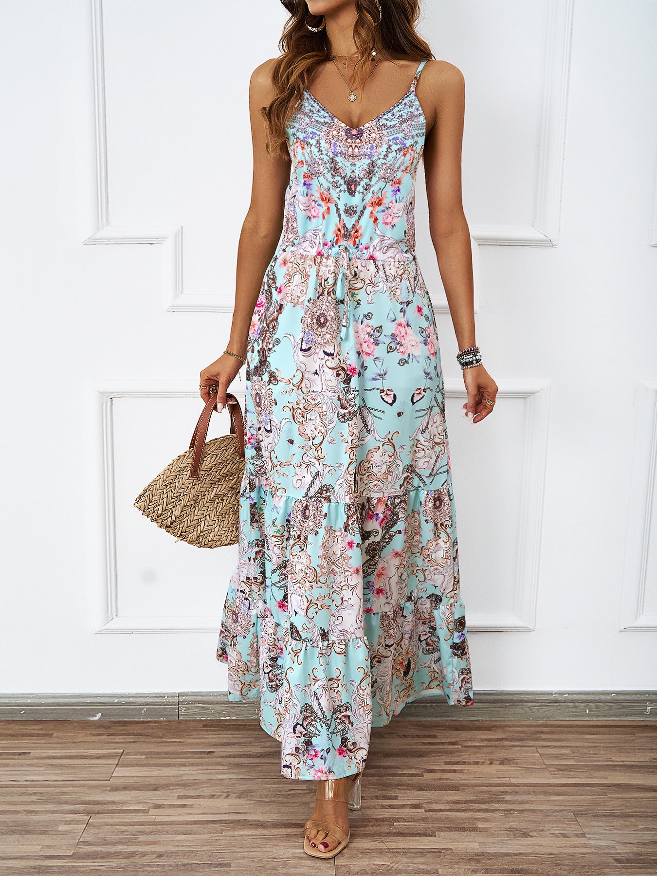 V-Neck Retro Printed Sleeveless Dress