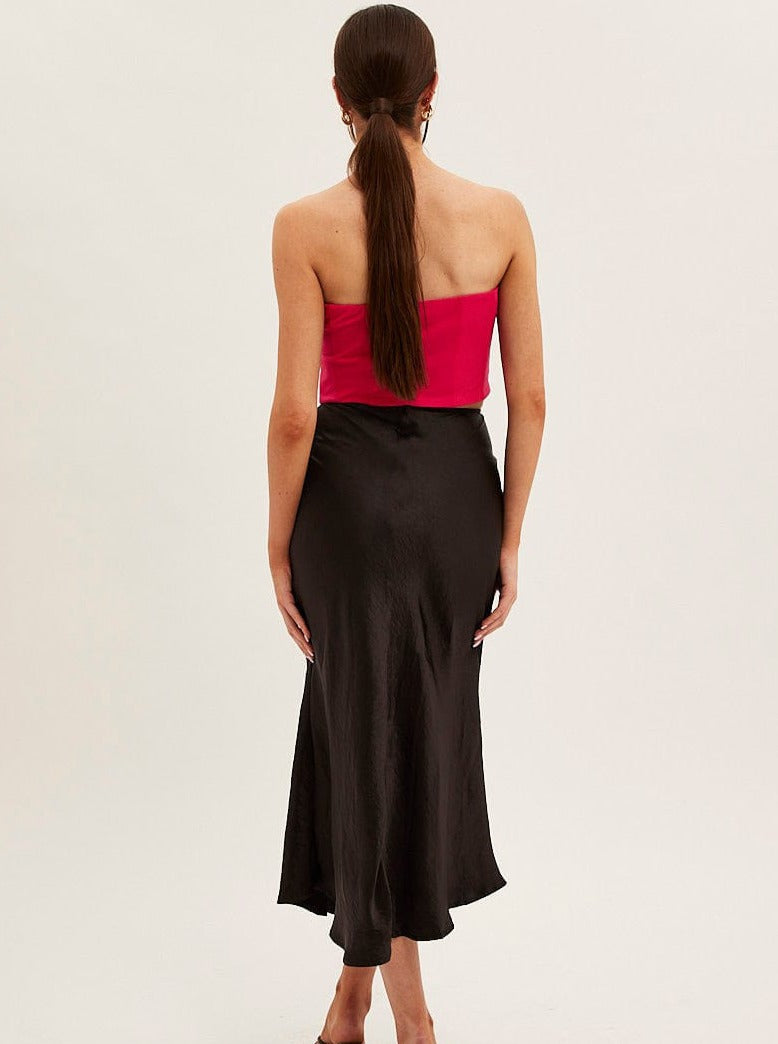 Black High Waist Glossy Satin Long Skirt