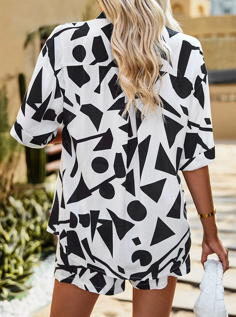 Two Piece Geometric Printed Black and White Shorts Set